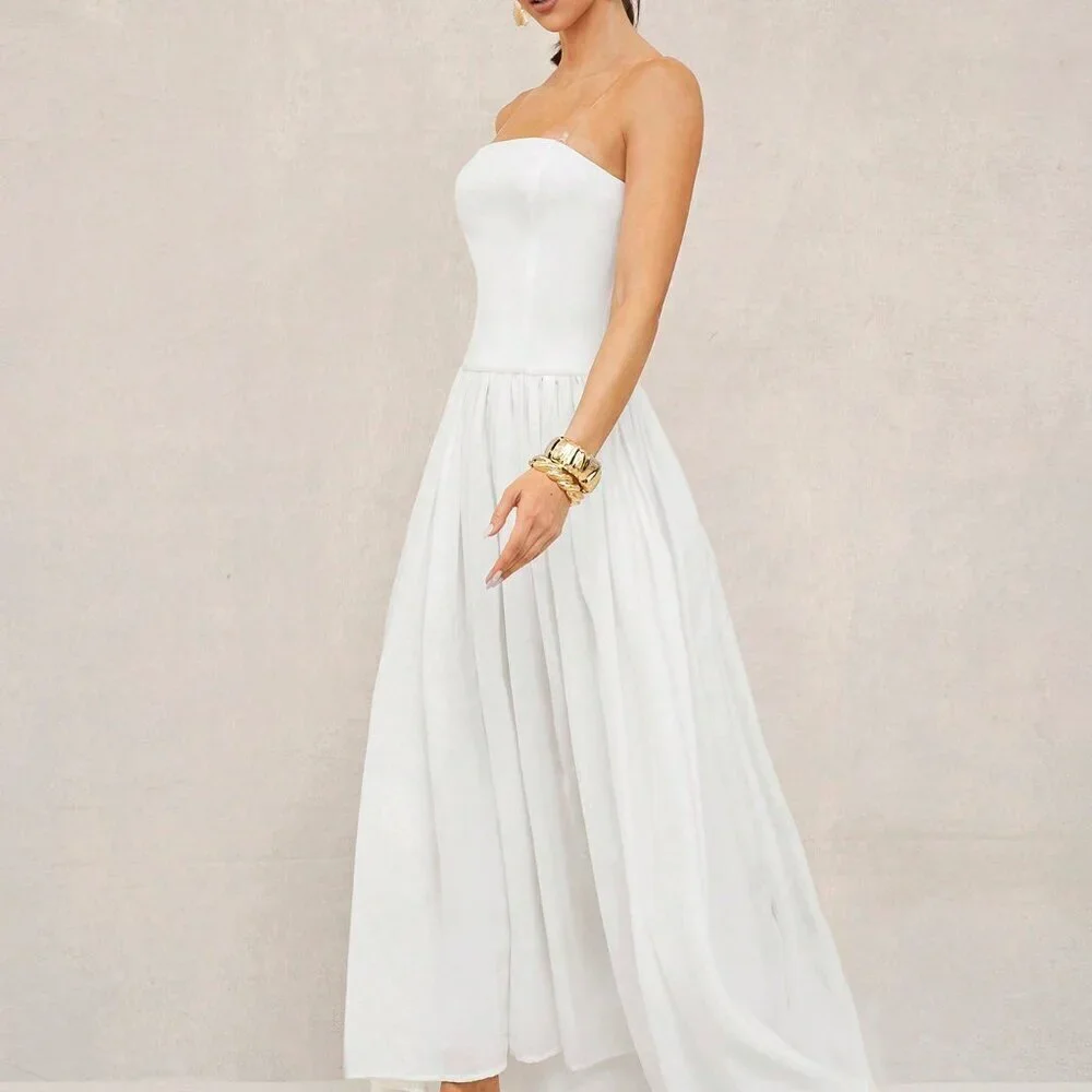 White Boho Women's Beach Vacation Long Dress With Bandeau Top - Picture 5 of 7